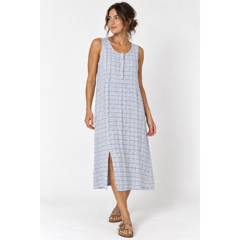 FLAX Women Medium Blue Plaid 100% Linen Sleeveless Button Midi Dress Lagenlook